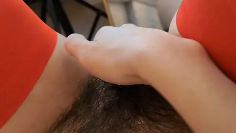 Mirror View: Touching Hairy Pussy in Stockings